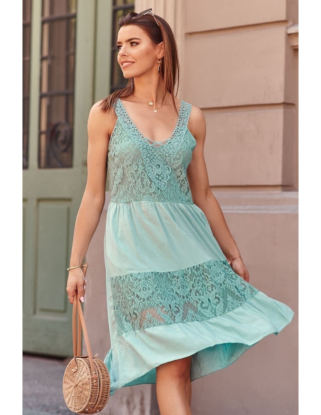 Rochie cu dantela in fata, verde 22120 - Magazin online - Boutique